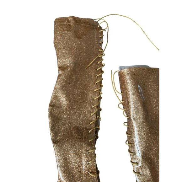 GOLD Glitter Platform Over the Knee Lace Up Boots Size US 7 - Picture 12 of 12